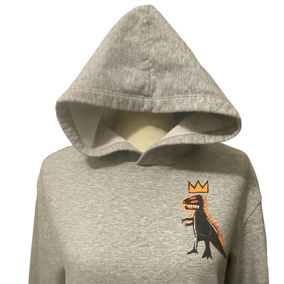 Jean-Michel Basquiat Crowned Pez Dinosaur Grey Pullover Hoodie Size 12-14 (L) - Picture 10 of 15